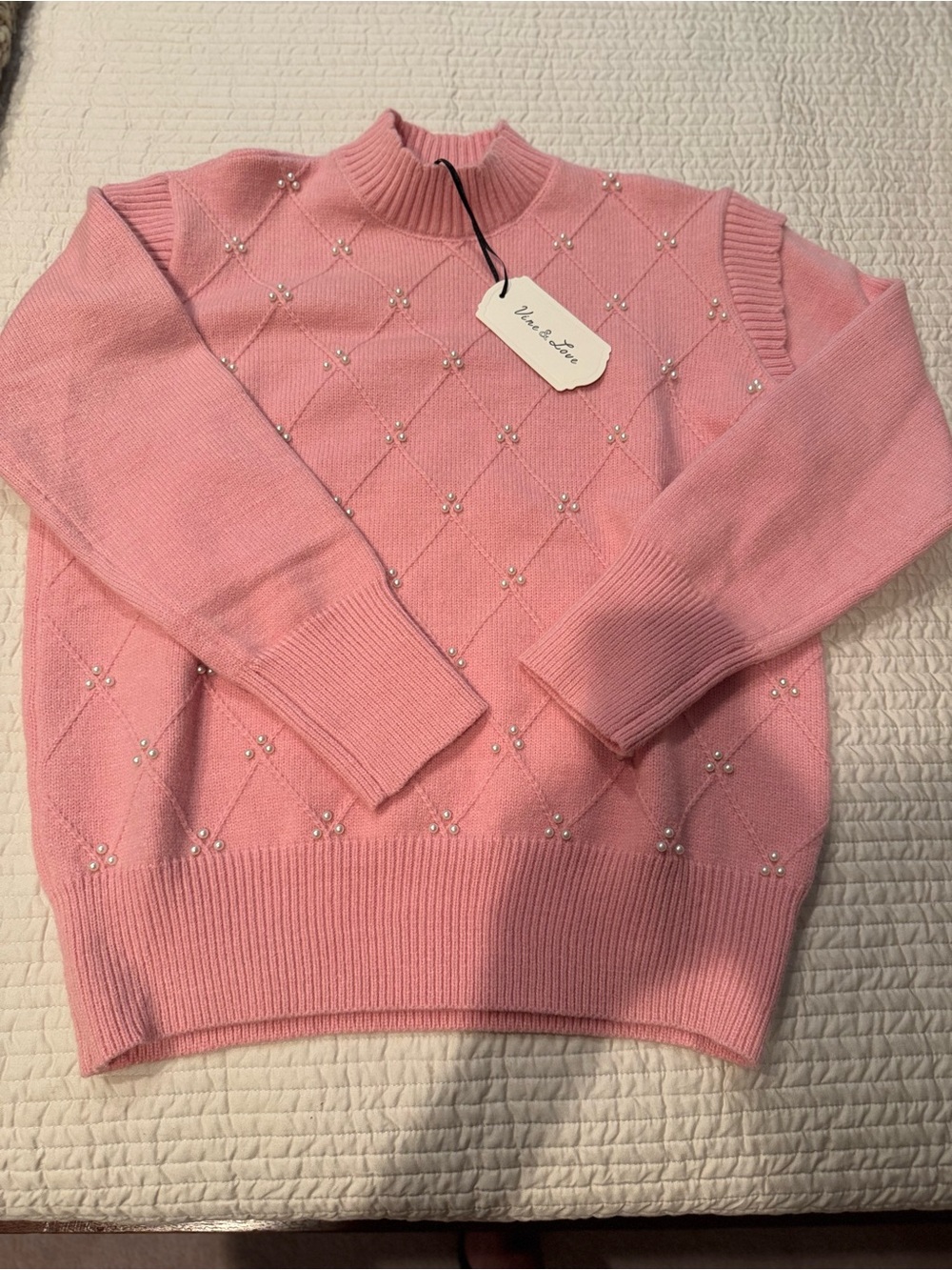 Pink Pearl-Embellished Women's Sweater by Vine and Love. Purchased at a boutique